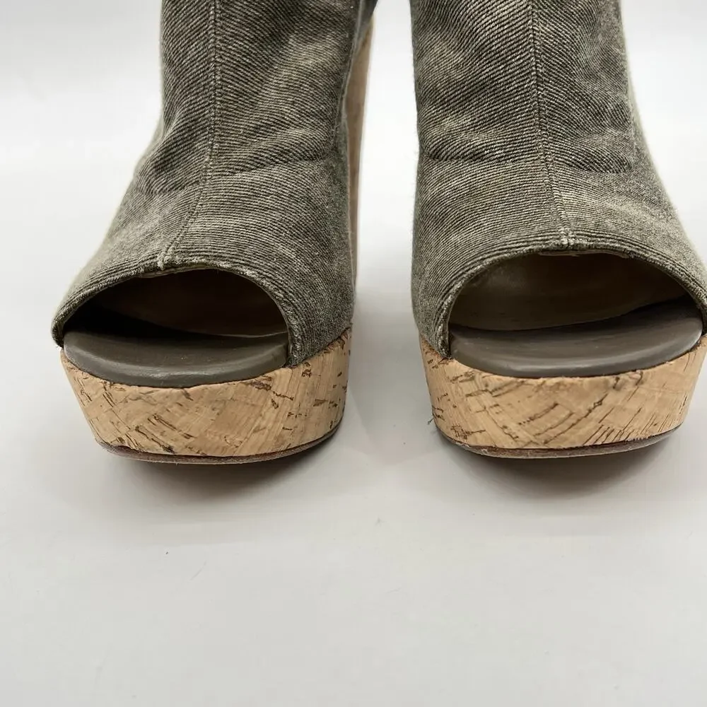 Stuart Weitzman‎ Glove Tan Stretch Wedge Slingback Sandal Size 8M Cork Peep Toe - Picture 3 of 12